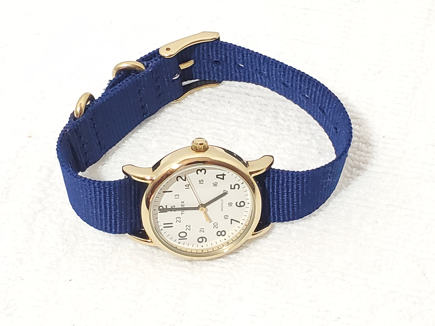 Timex Indiglo Field Watch Gold Tone White Dial Military Time Blue Nylon Strap