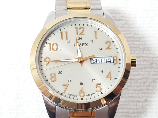 Vintage Timex Indiglo Men's Quartz Watch Gold Silver Tone Day Date Stretch Band