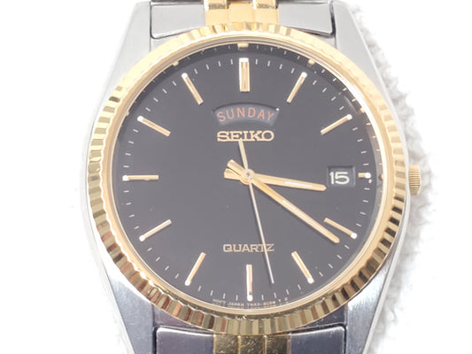 Seiko Presidential Men's Day Date Gold Tone Watch Black Dial Stainless Steel
