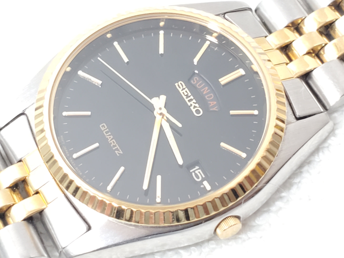 Seiko Presidential Men's Day Date Gold Tone Watch Black Dial Stainless Steel