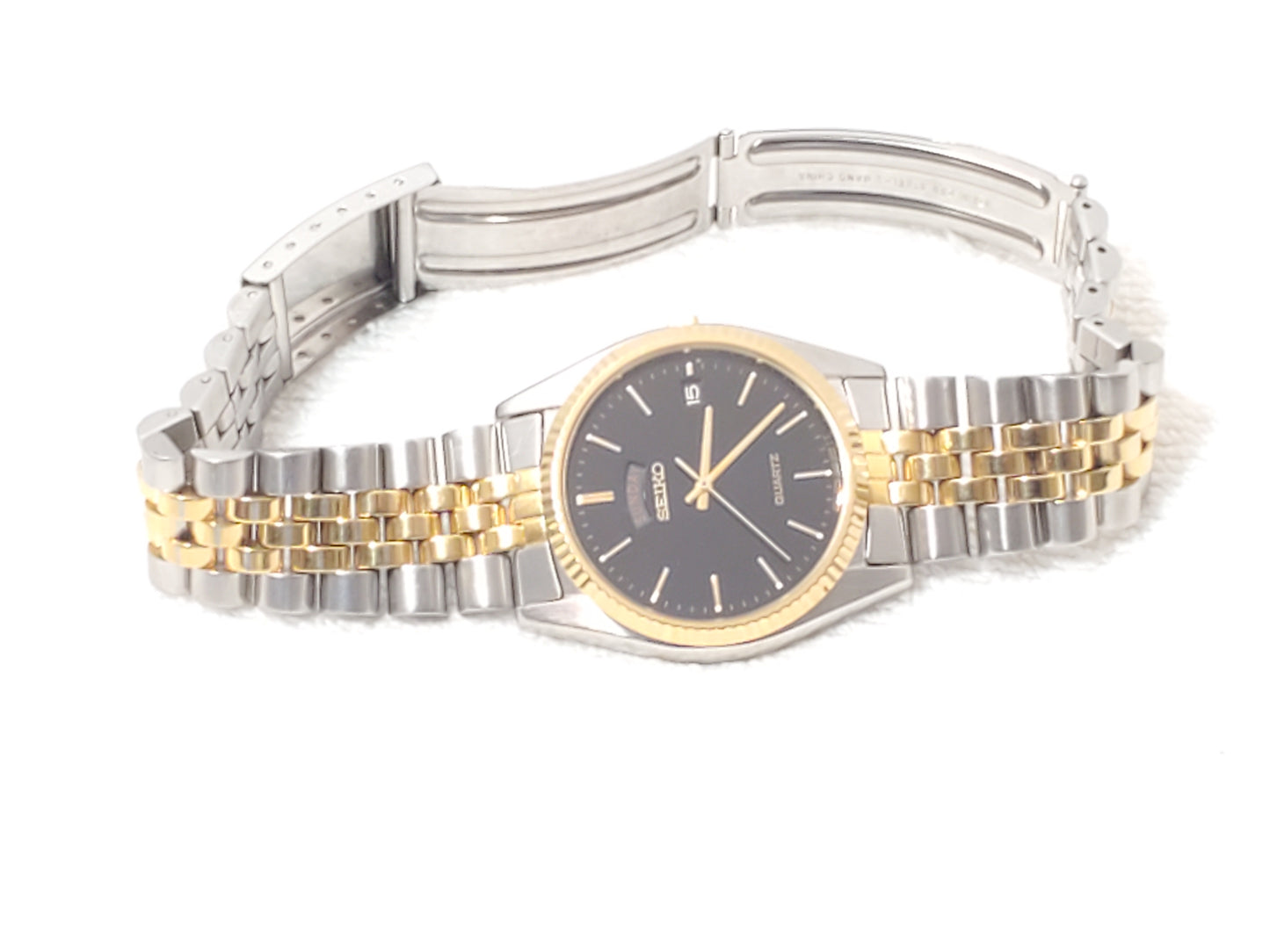 Seiko Presidential Men's Day Date Gold Tone Watch Black Dial Stainless Steel