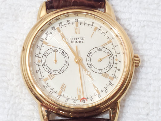 Vintage Citizen Men's Day Date Month Gold Plated Quartz Watch Brown Leather Band