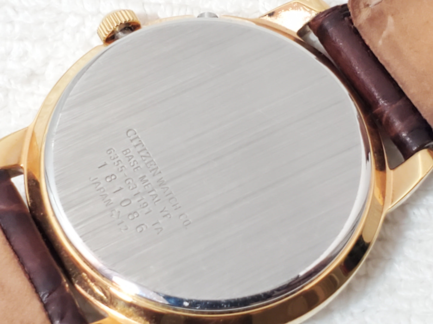 Vintage Citizen Men's Day Date Month Gold Plated Quartz Watch Brown Leather Band