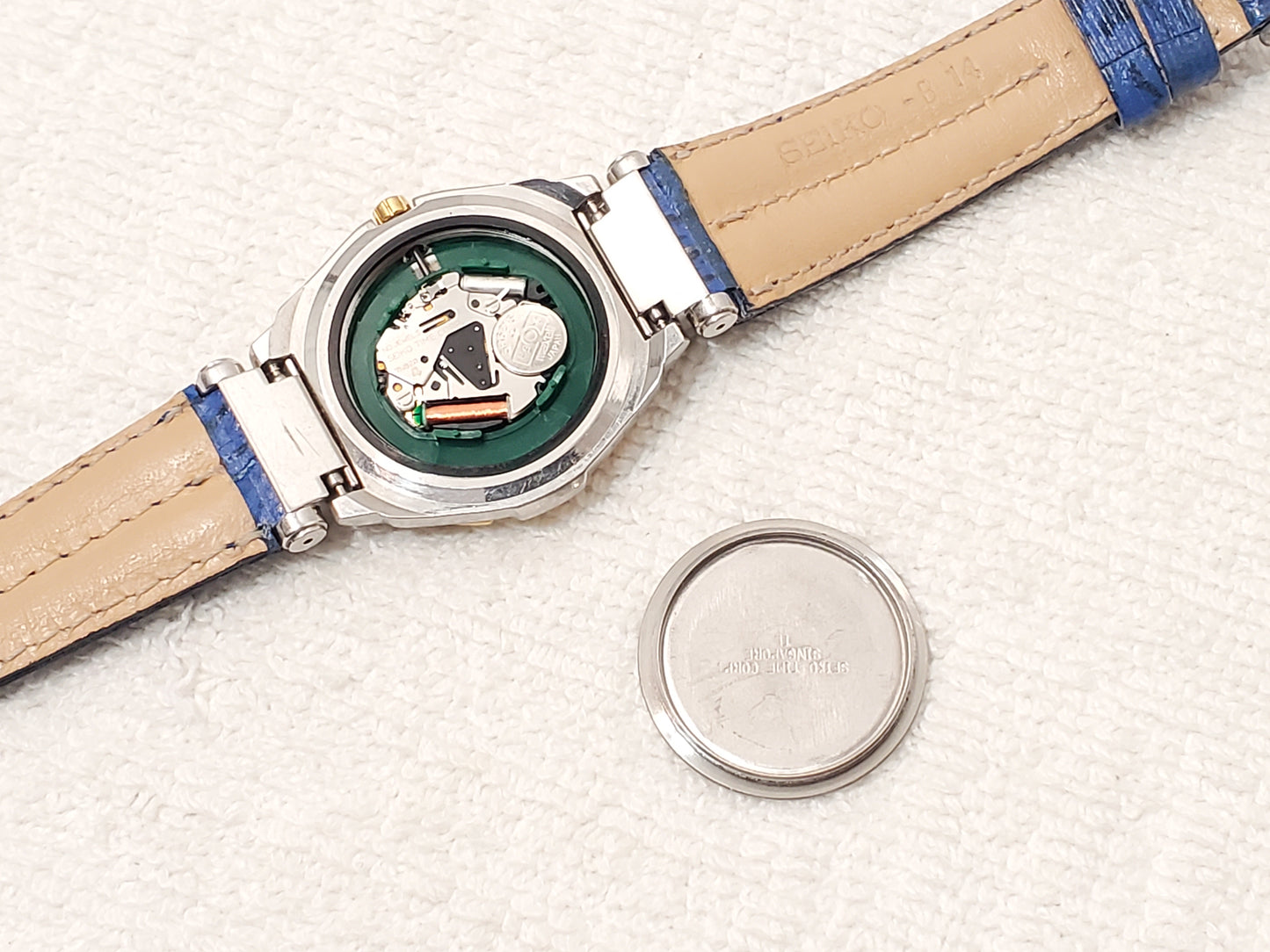 Seiko Women's Vintage Gold Tone Date Quartz Watch White Dial Blue Leather Band