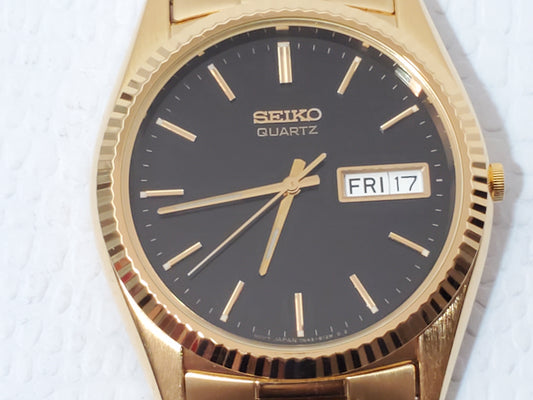 Vintage Seiko Men's Presidential Day Date Gold Plated Quartz Watch Black Dial