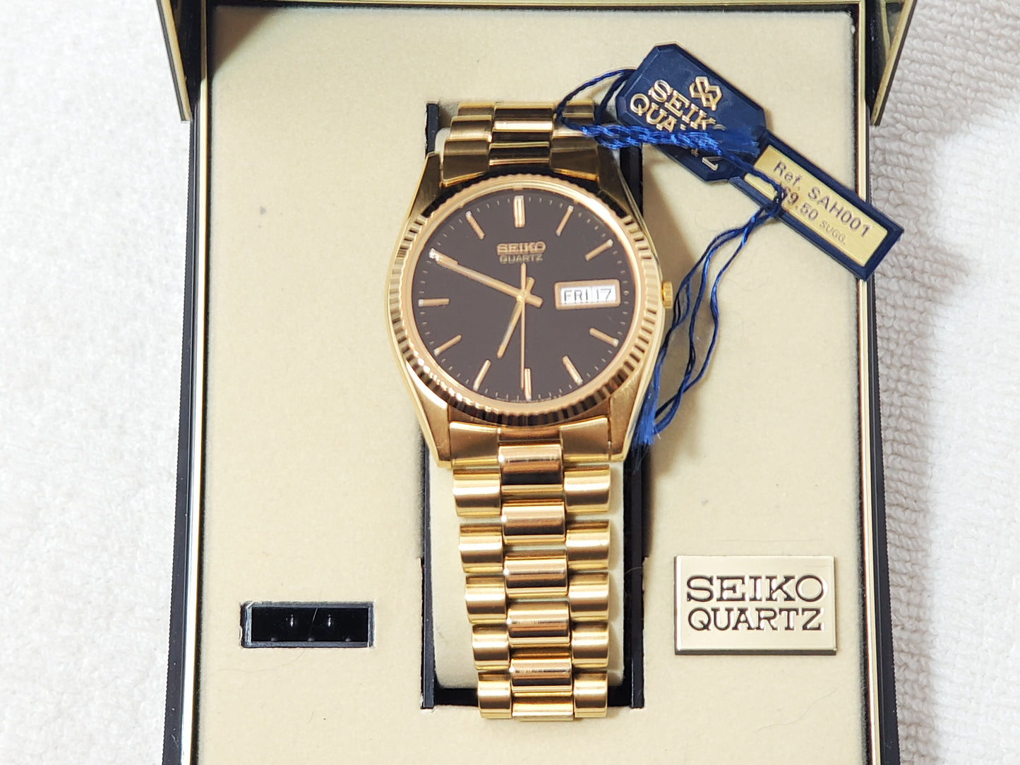 Vintage Seiko Men's Presidential Day Date Gold Plated Quartz Watch Black Dial
