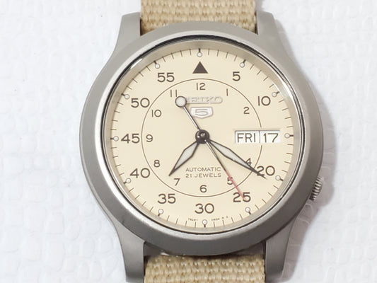 Seiko 5 Automatic Watch 21 Jewels Day Date Military Field SNK803 Vintage Beige