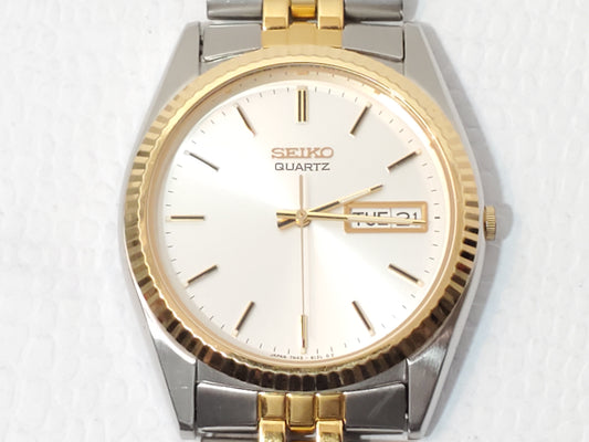 Vintage Seiko Men's Presidential Day Date Gold Tone Quartz Watch Silver Dial SS