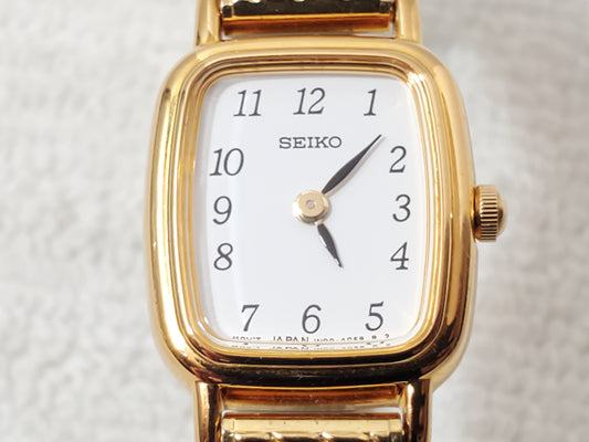 Vintage Seiko Tank Women's Gold Tone Quartz Watch Stretch Band White Dial