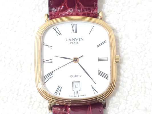 Vintage Lanvin Paris Women's France Made Date Watch 7 Jewels Gold Plated Croc