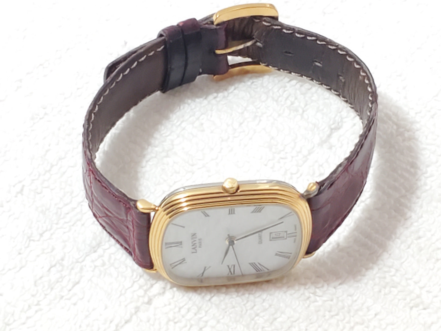 Vintage Lanvin Paris Women's France Made Date Watch 7 Jewels Gold Plated Croc