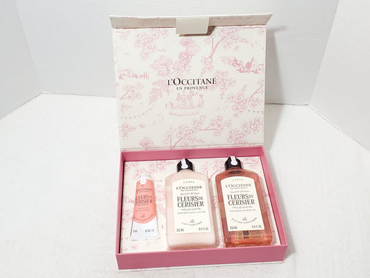 NIB L’Occitane Cherry Blossom Gift Set Shimmering Lotion Body Wash & Hand Cream