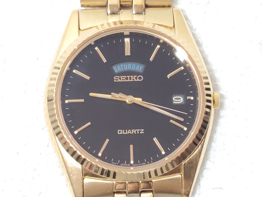 Vintage Seiko Men's Presidential Day Date Gold Tone Watch Black Dial One Jewel