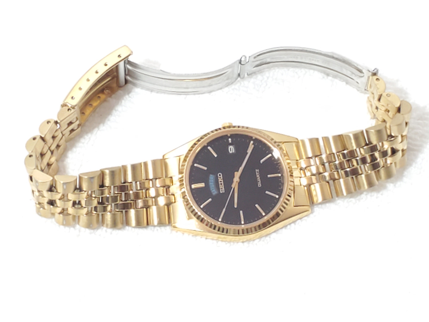 Vintage Seiko Men's Presidential Day Date Gold Tone Watch Black Dial One Jewel