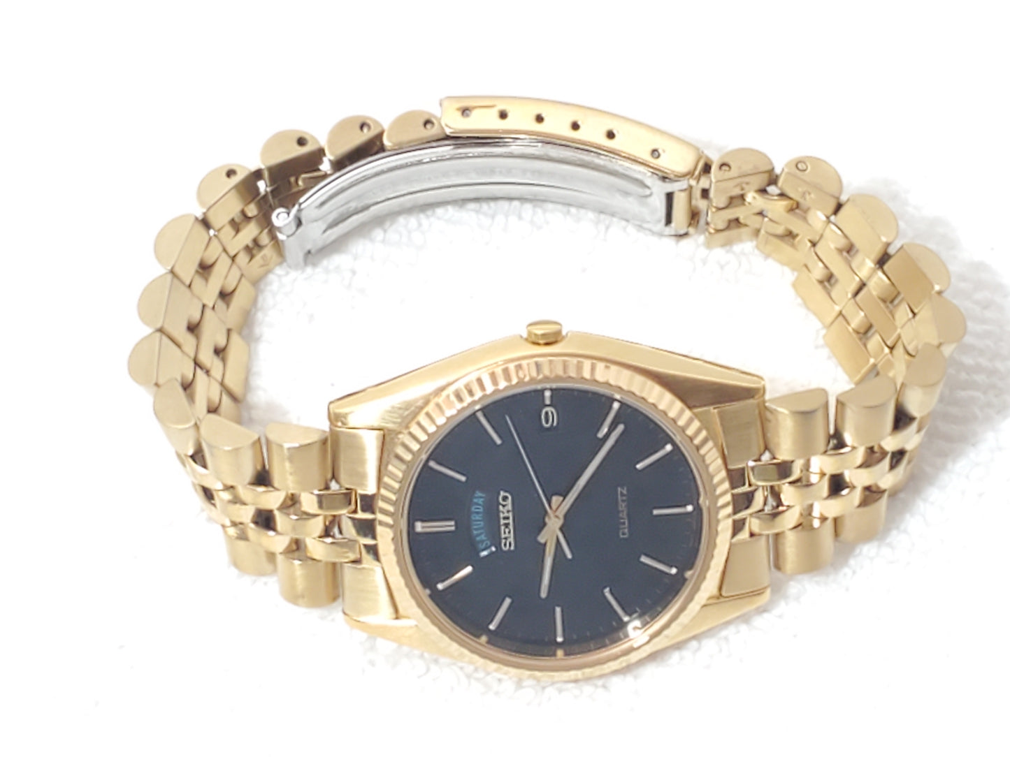 Vintage Seiko Men's Presidential Day Date Gold Tone Watch Black Dial One Jewel