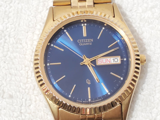 Vintage Citizen CQ Men's Presidential Day Date Gold Tone Quartz Watch Blue Dial
