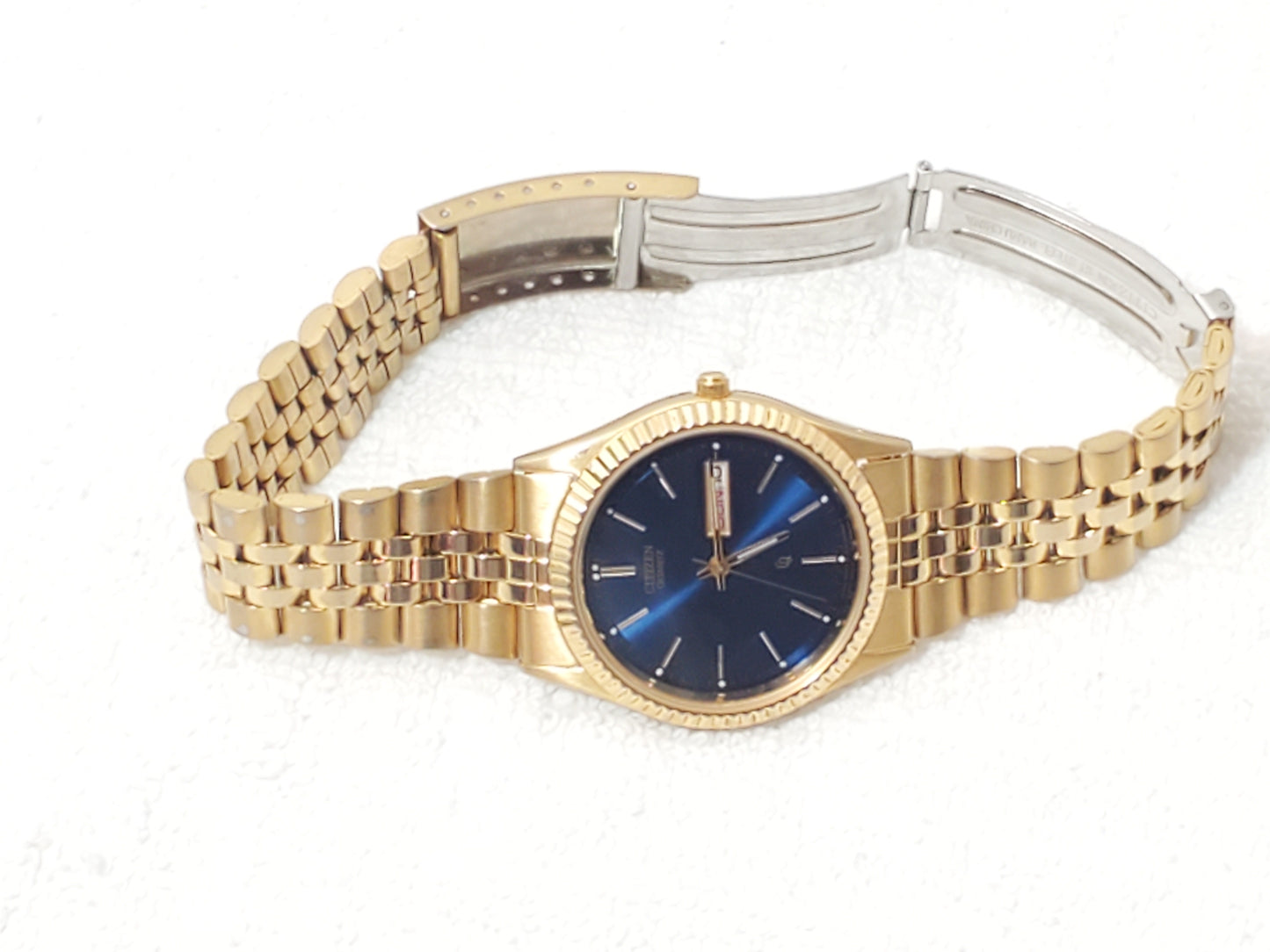 Vintage Citizen CQ Men's Presidential Day Date Gold Tone Quartz Watch Blue Dial
