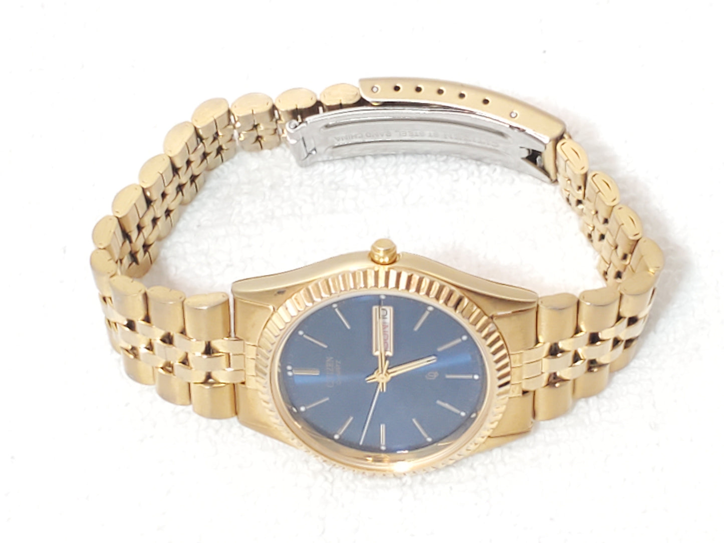 Vintage Citizen CQ Men's Presidential Day Date Gold Tone Quartz Watch Blue Dial