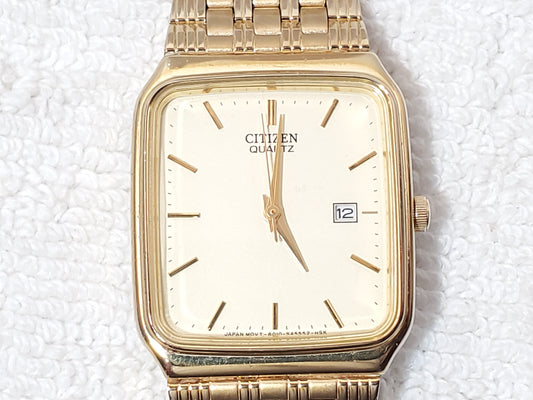 Vintage Citizen Quartz Tank Date Men's Watch Yellow Gold Plated Base Metal