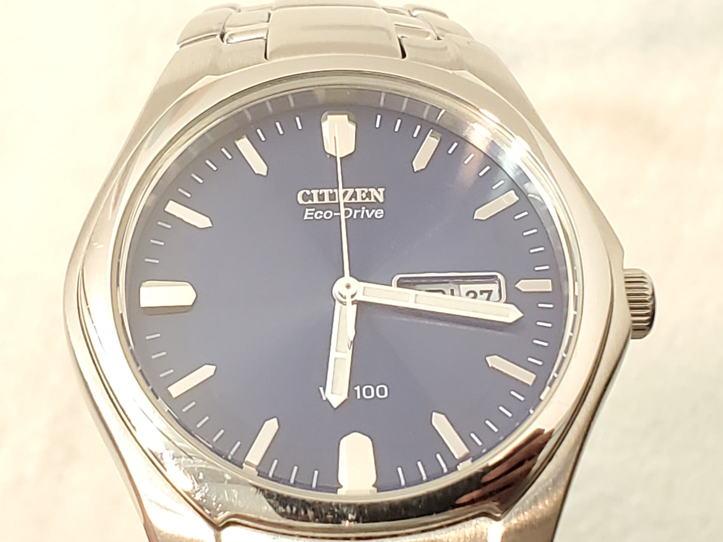 Citizen Eco Drive Men's Stainless Steel Sunray Blue Dial Day Date Watch WR100