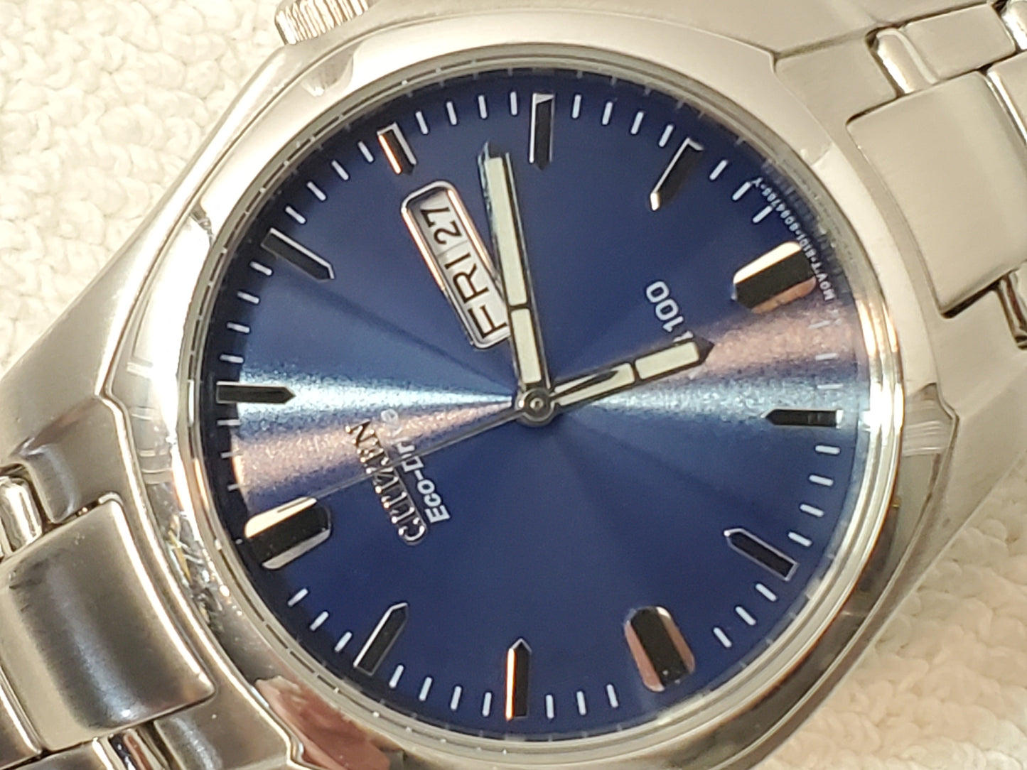 Citizen Eco Drive Men's Stainless Steel Sunray Blue Dial Day Date Watch WR100