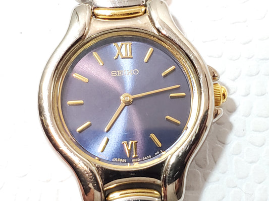 Vintage Seiko Women's Gold Tone Stainless Steel Watch Blue Dial Roman Numerals