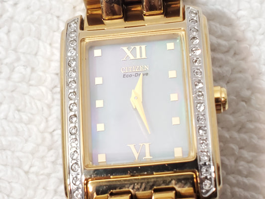 Citizen Eco Drive Ladies Watch Gold Plated Mother Pearl Dial Swarovski Crystals