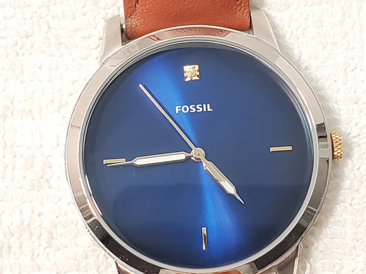 Fossil The Minimalist Men's Watch Blue Dial Diamond Brown Leather Strap