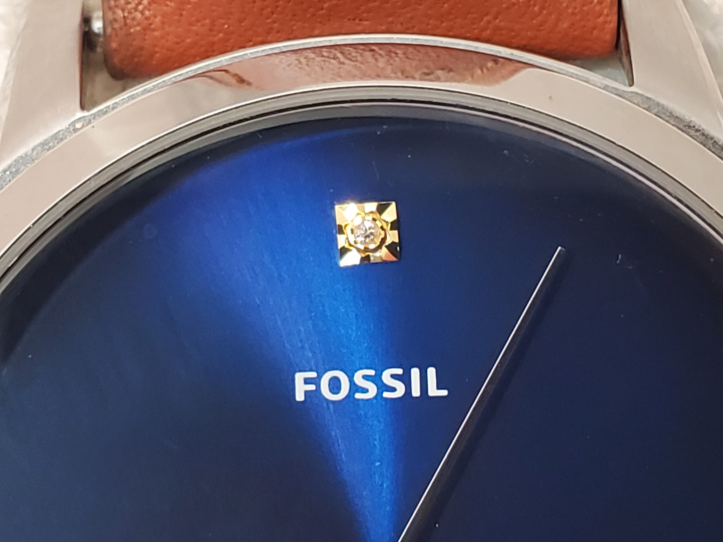 Fossil The Minimalist Men's Watch Blue Dial Diamond Brown Leather Strap