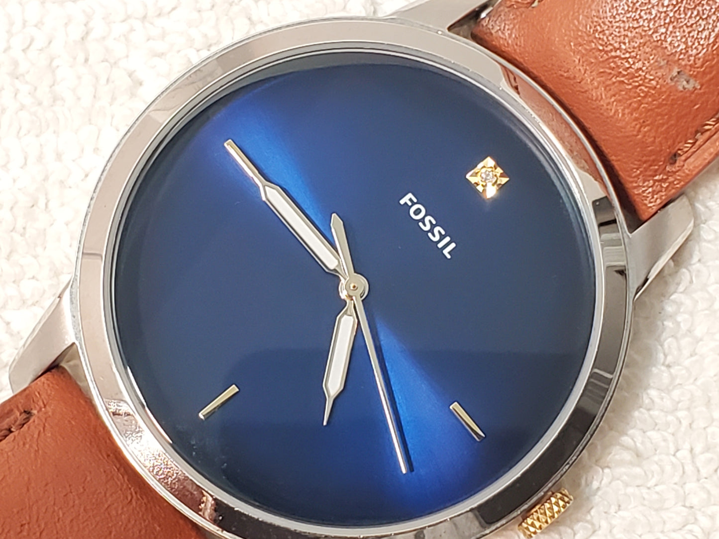 Fossil The Minimalist Men's Watch Blue Dial Diamond Brown Leather Strap