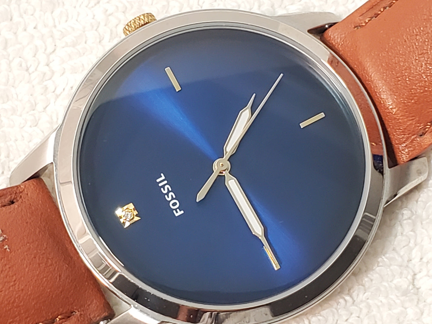 Fossil The Minimalist Men's Watch Blue Dial Diamond Brown Leather Strap