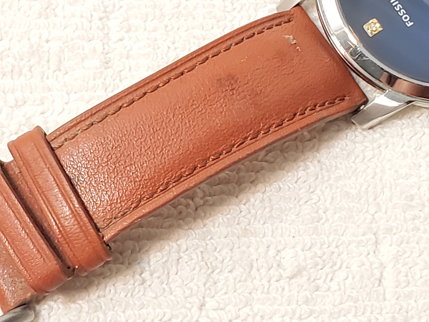 Fossil The Minimalist Men's Watch Blue Dial Diamond Brown Leather Strap