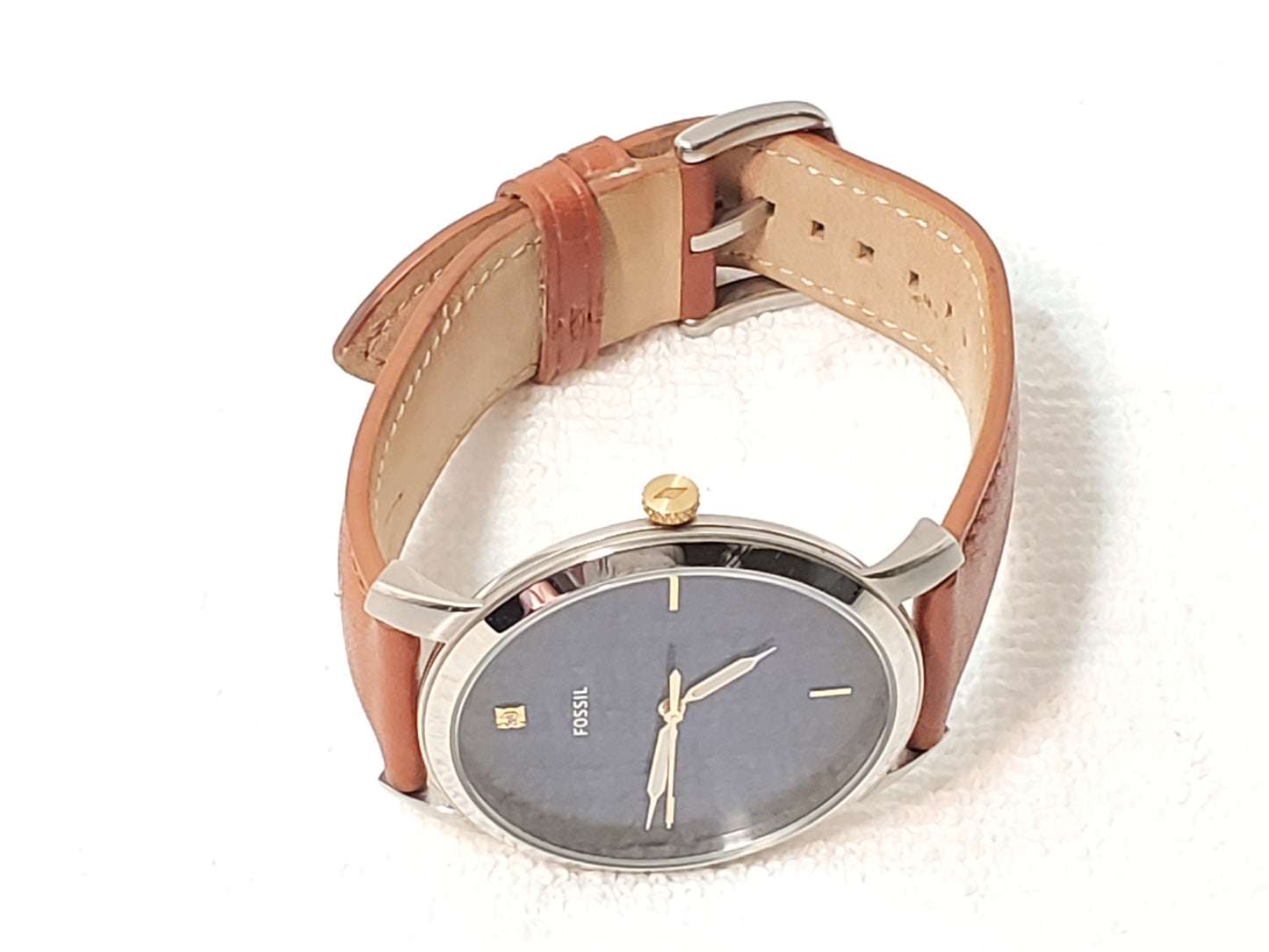 Fossil The Minimalist Men's Watch Blue Dial Diamond Brown Leather Strap