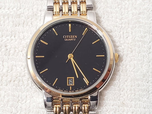 Citizen Men's Vintage Quratz Watch Black Dial Gold Tone Date Stainless Steel
