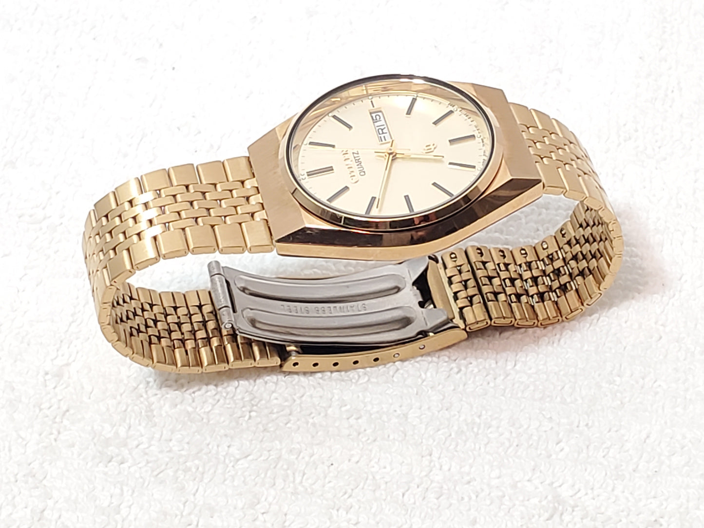 Citizen CQ Men's Day Date Vintage Gold Plated Quartz Watch Stainless Steel