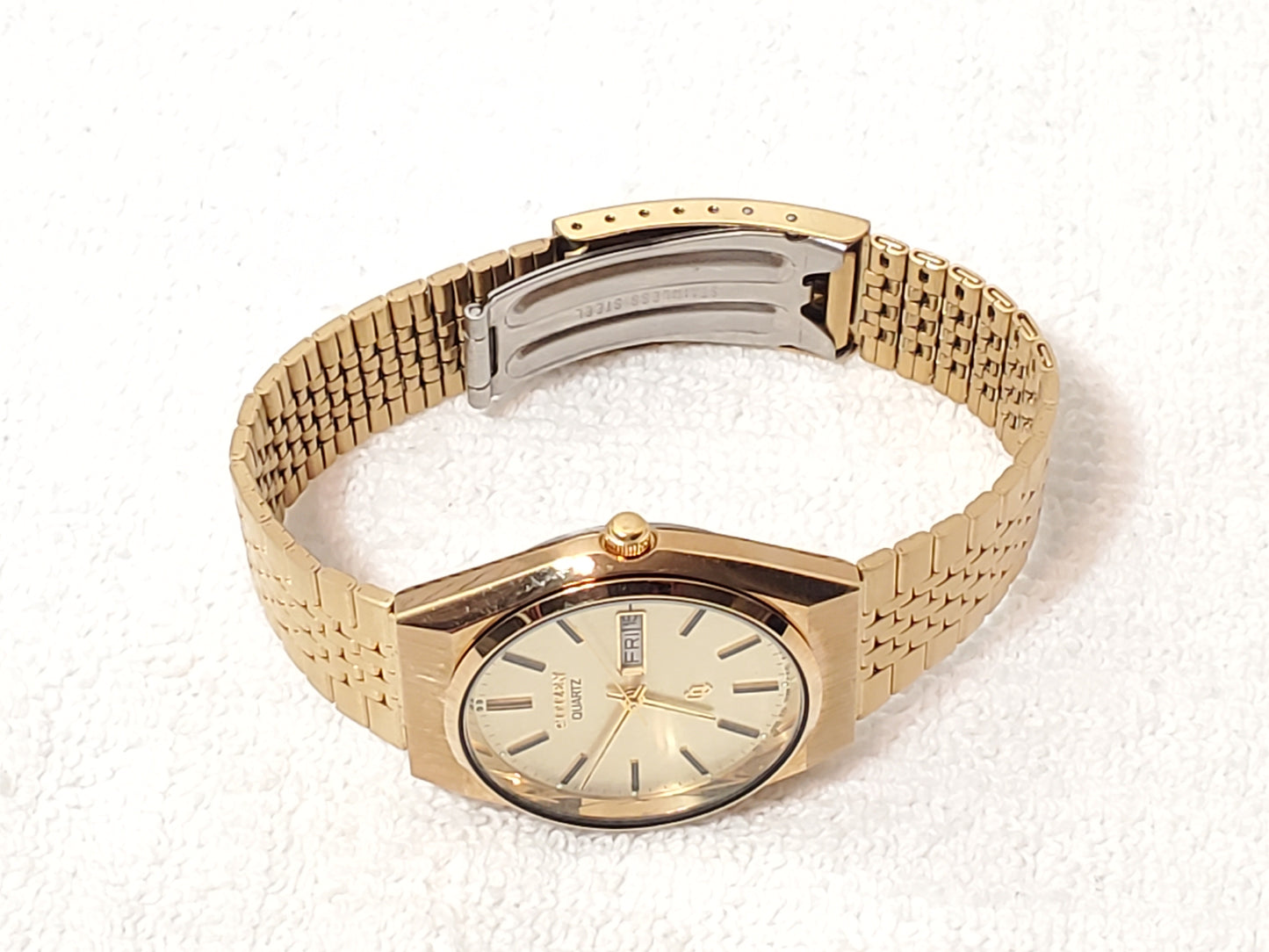 Citizen CQ Men's Day Date Vintage Gold Plated Quartz Watch Stainless Steel
