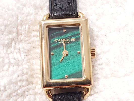 Coach Thompson Women's Gold Plated Tank Watch Green Malachite Dial Black Leather
