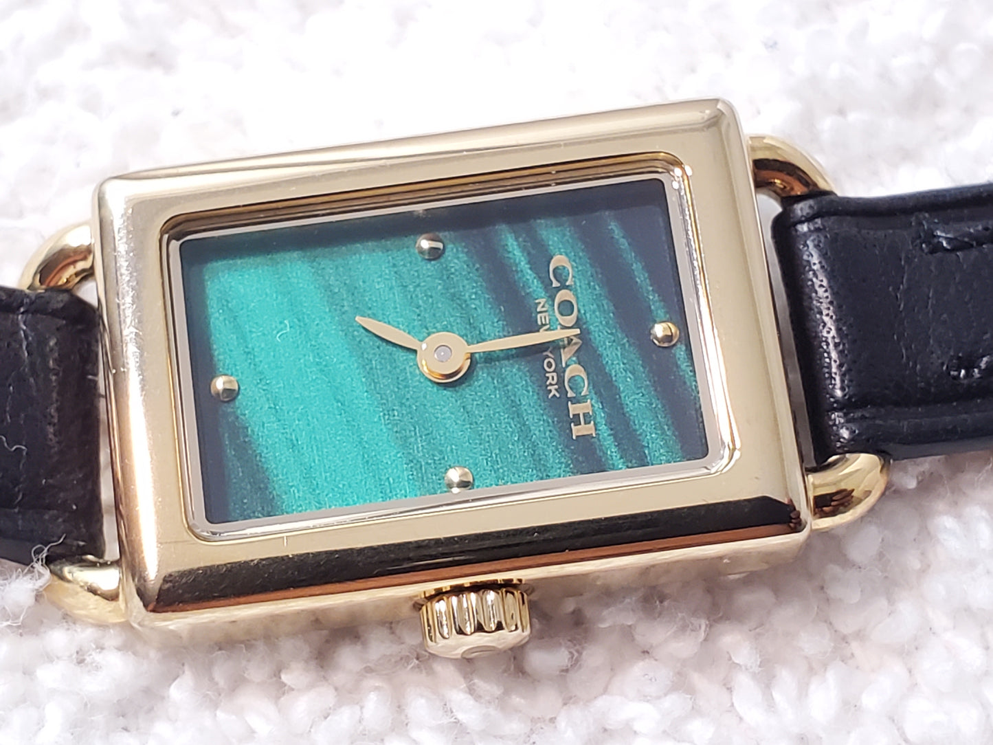 Coach Thompson Women's Gold Plated Tank Watch Green Malachite Dial Black Leather