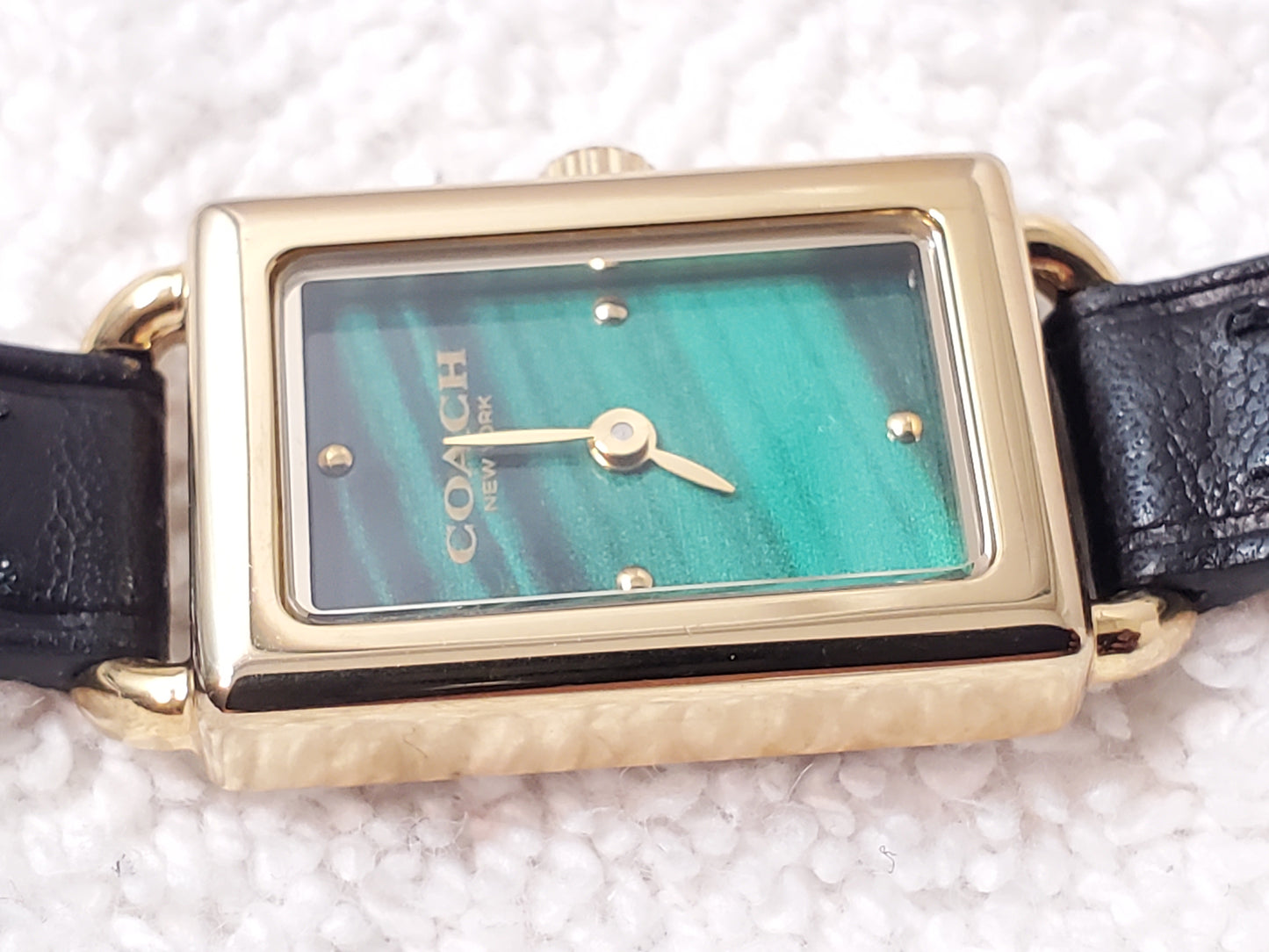 Coach Thompson Women's Gold Plated Tank Watch Green Malachite Dial Black Leather