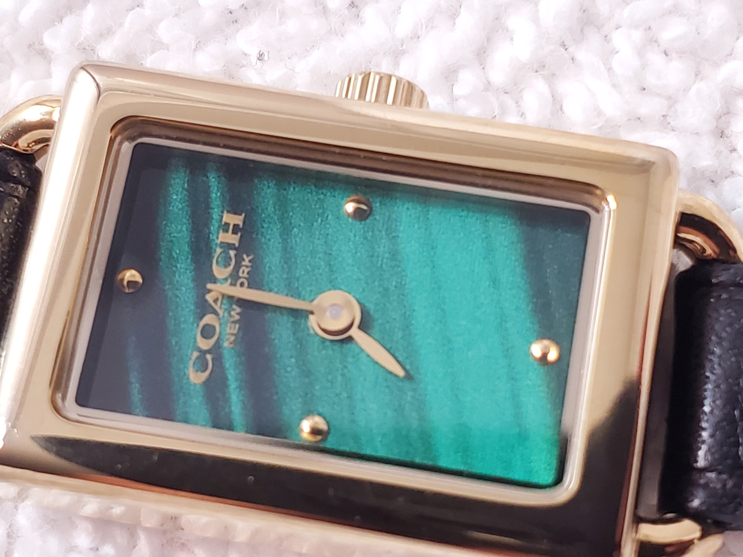 Coach Thompson Women's Gold Plated Tank Watch Green Malachite Dial Black Leather