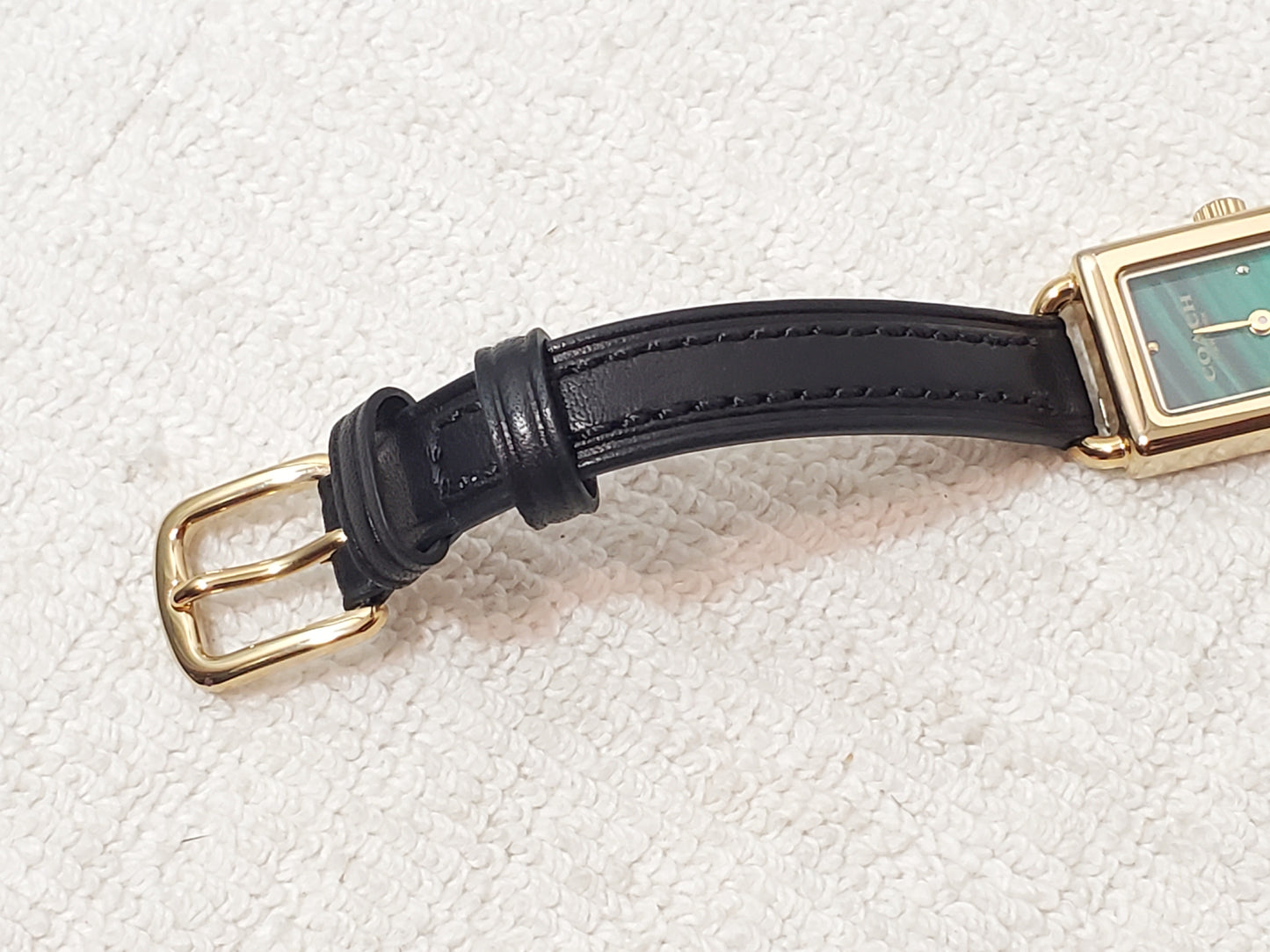 Coach Thompson Women's Gold Plated Tank Watch Green Malachite Dial Black Leather