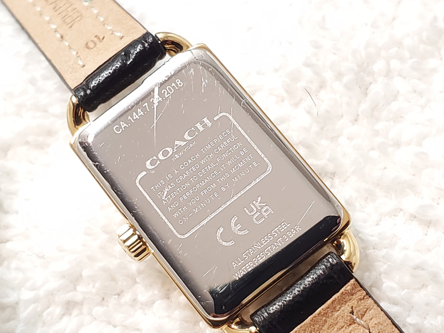 Coach Thompson Women's Gold Plated Tank Watch Green Malachite Dial Black Leather