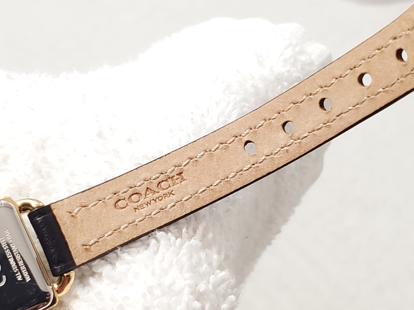 Coach Thompson Women's Gold Plated Tank Watch Green Malachite Dial Black Leather