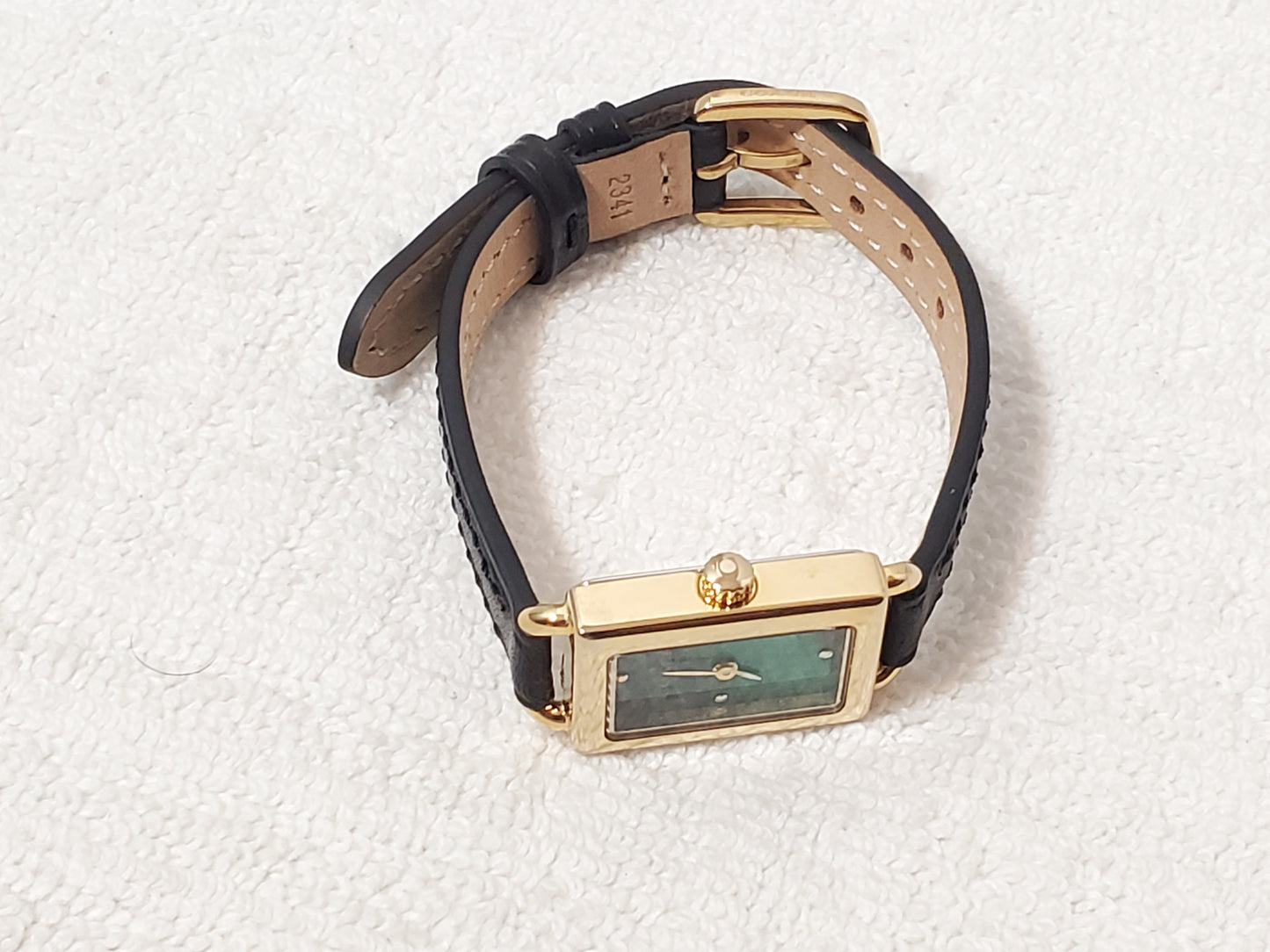 Coach Thompson Women's Gold Plated Tank Watch Green Malachite Dial Black Leather