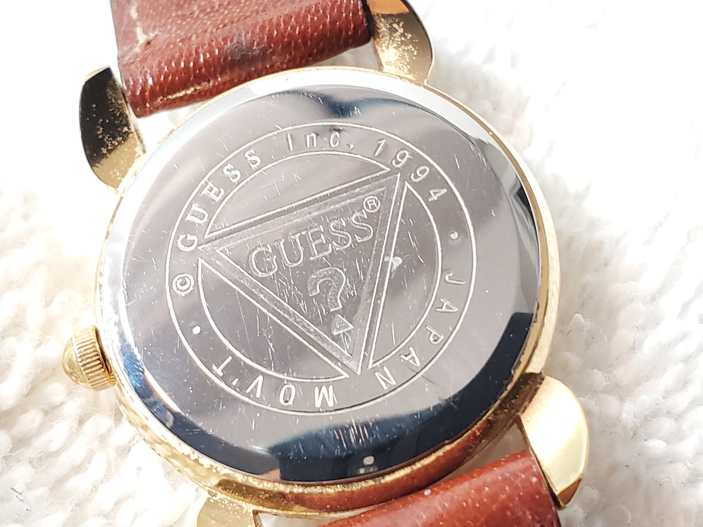 Vintage Guess 1994 Women's Gold Tone Brown Leather Watch Roman Numerals Date