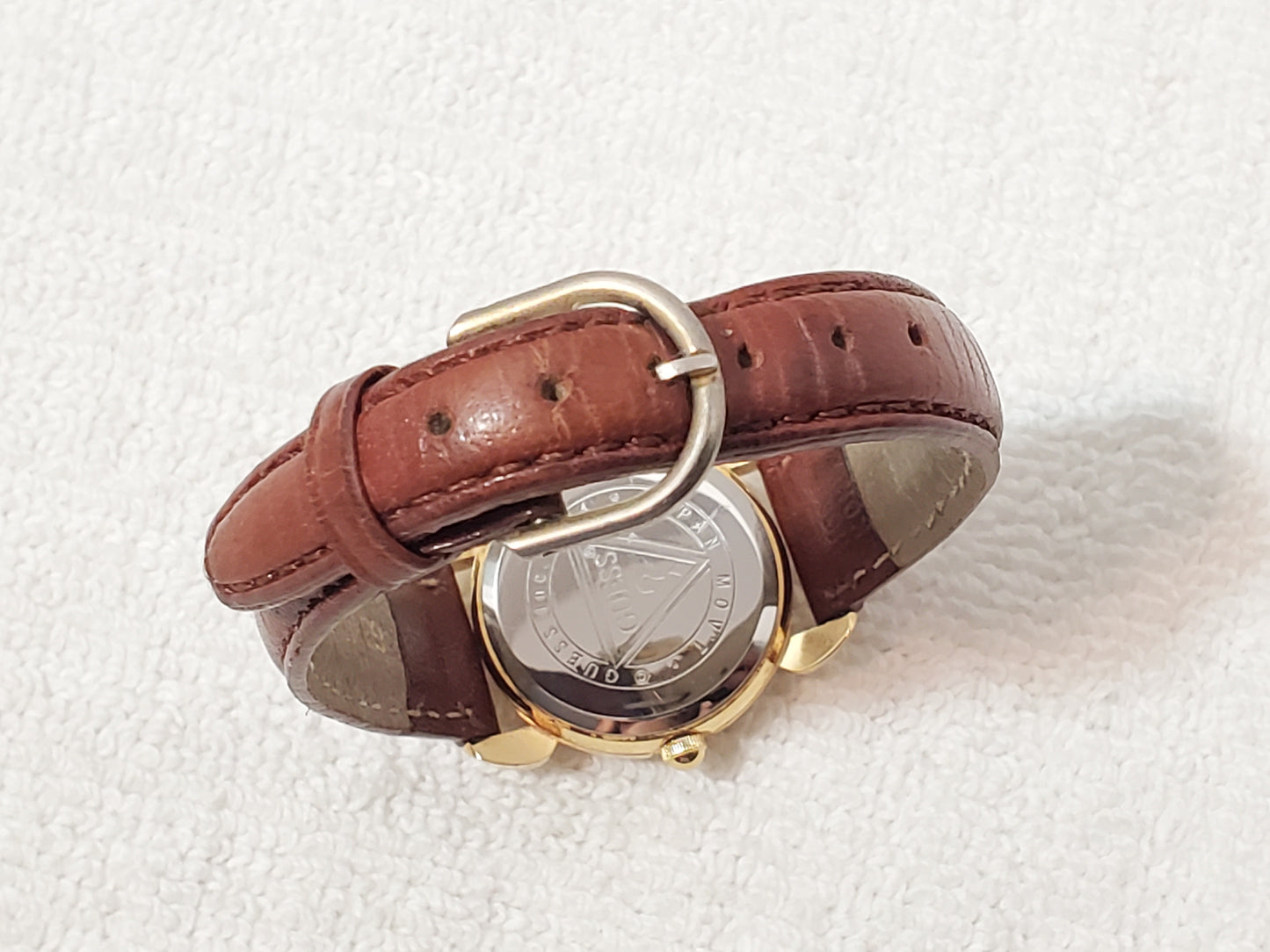 Vintage Guess 1994 Women's Gold Tone Brown Leather Watch Roman Numerals Date