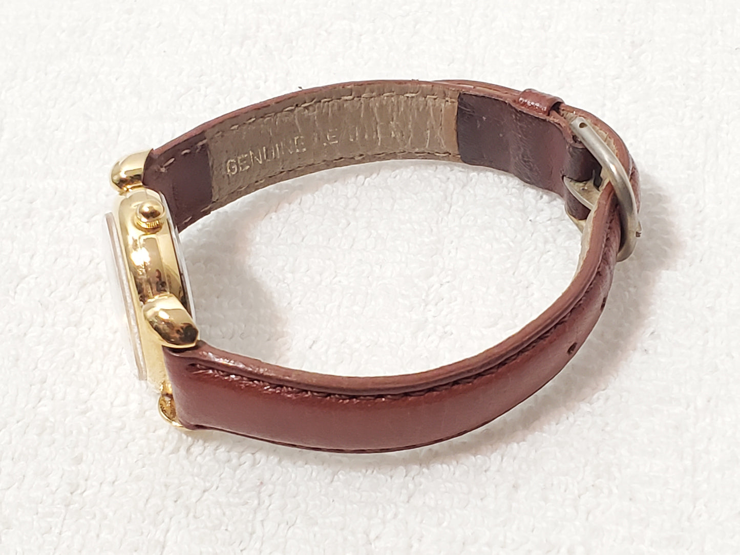 Vintage Guess 1994 Women's Gold Tone Brown Leather Watch Roman Numerals Date