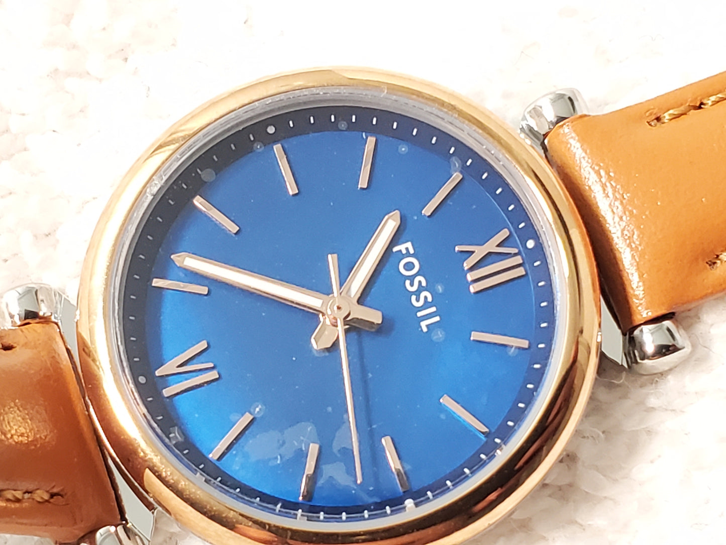 Fossil Carlie Women's Quartz Watch Blue Dial Mini Leather Gold Tone Bezel NEW