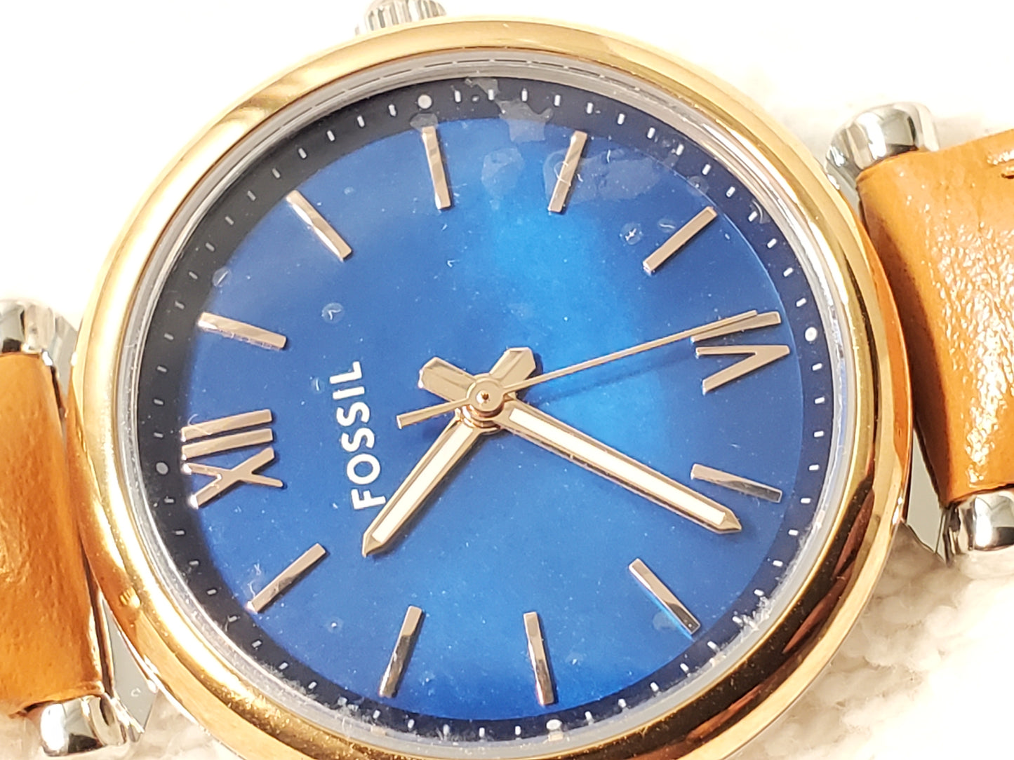 Fossil Carlie Women's Quartz Watch Blue Dial Mini Leather Gold Tone Bezel NEW