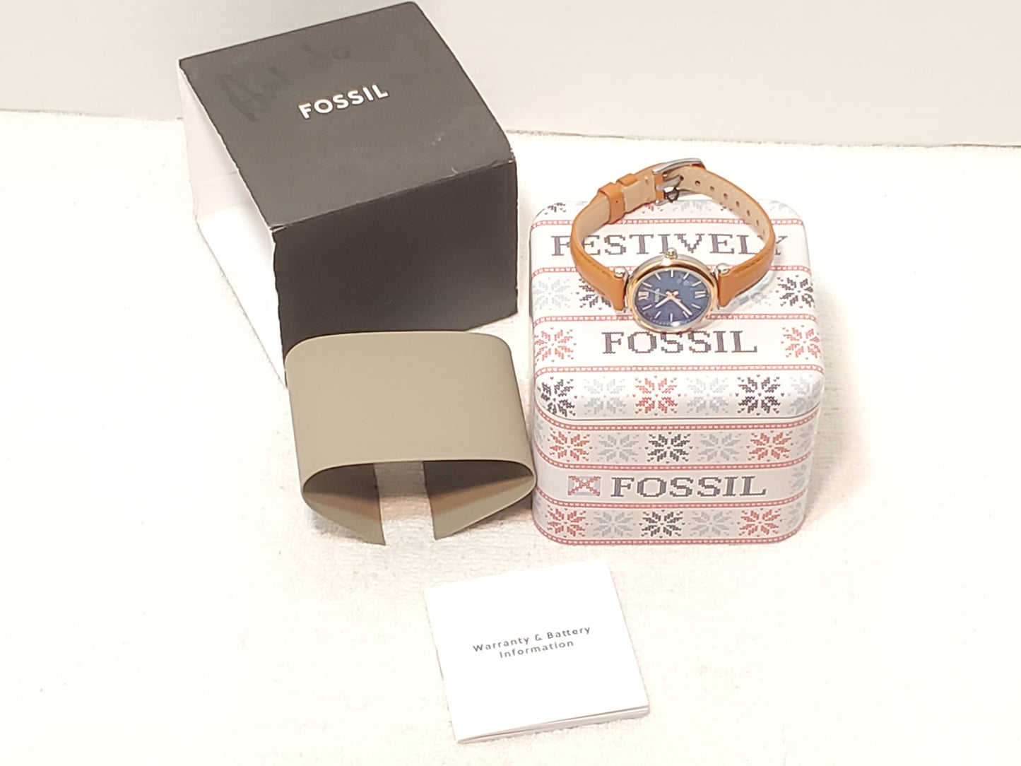 Fossil Carlie Women's Quartz Watch Blue Dial Mini Leather Gold Tone Bezel NEW